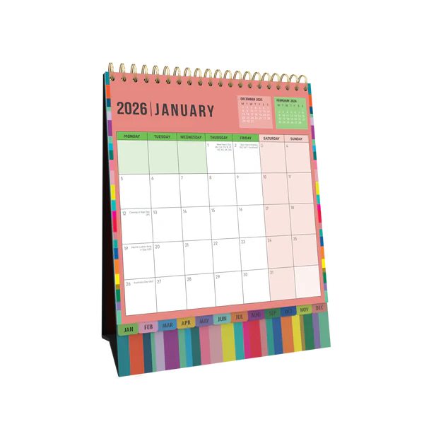 Collins Edge Rainbow Desktop Calendar Year 2026 Diary/Planner – Month to View – Wiro Bound
