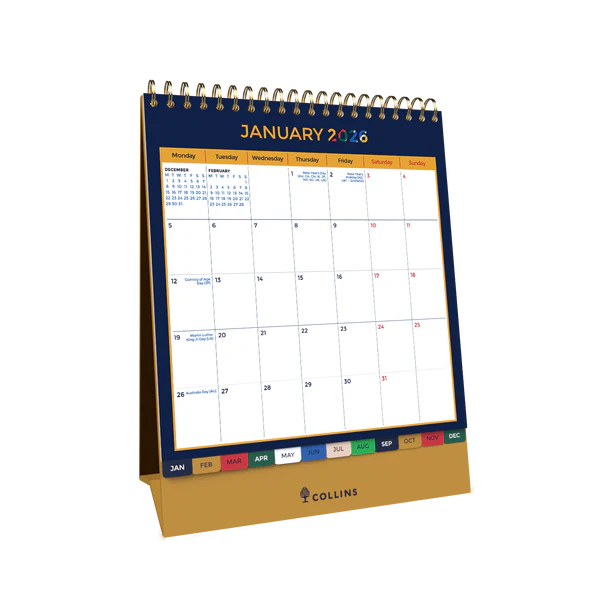 Collins Edge Mira Desktop Calendar Year 2026 Diary/Planner – Month to View – Wiro Bound
