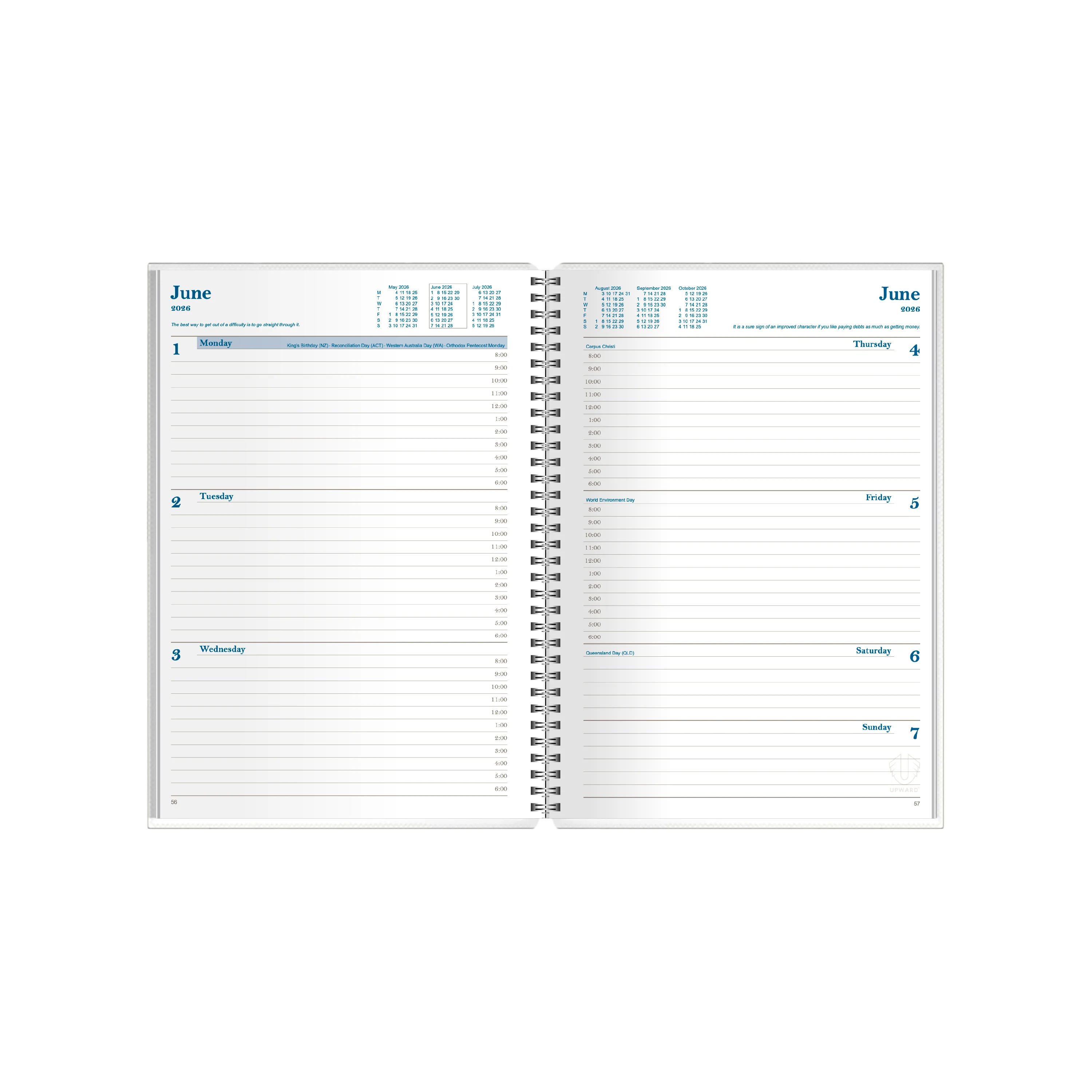 Upward - Busy Woman's Diary 4404, 12 Month 2026 Calendar Year Planner, Week to View Diary, A5 Wiro Bound UPCY4404-372