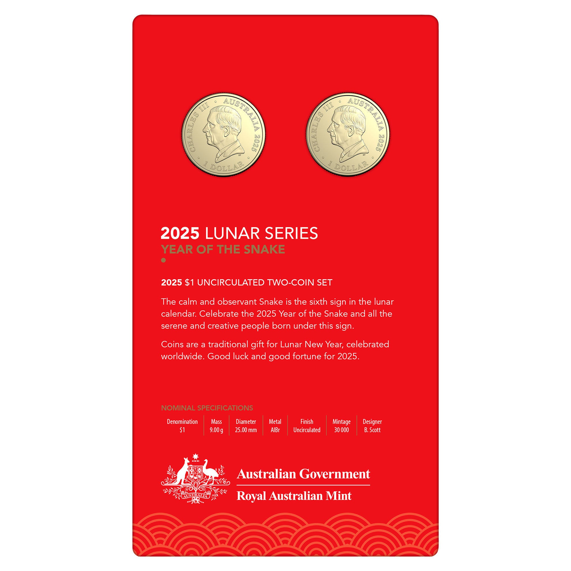 Royal Australian Mint - Lunar Year of the Snake - 2025 $1 Uncirculated Two-Coin Set