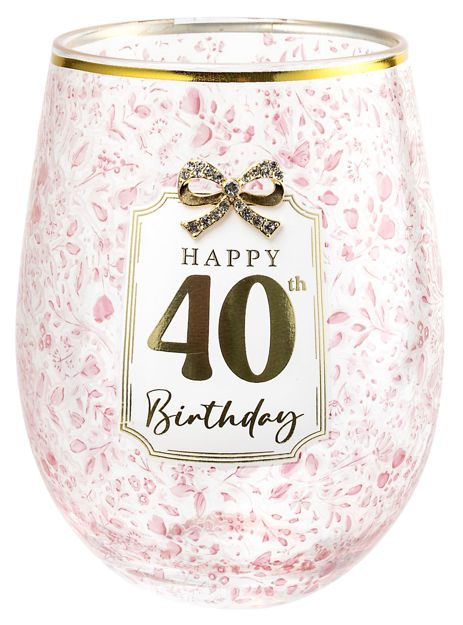 Landmark 40th Stemless Pretty Bow Wine Glass (Gift Boxed)