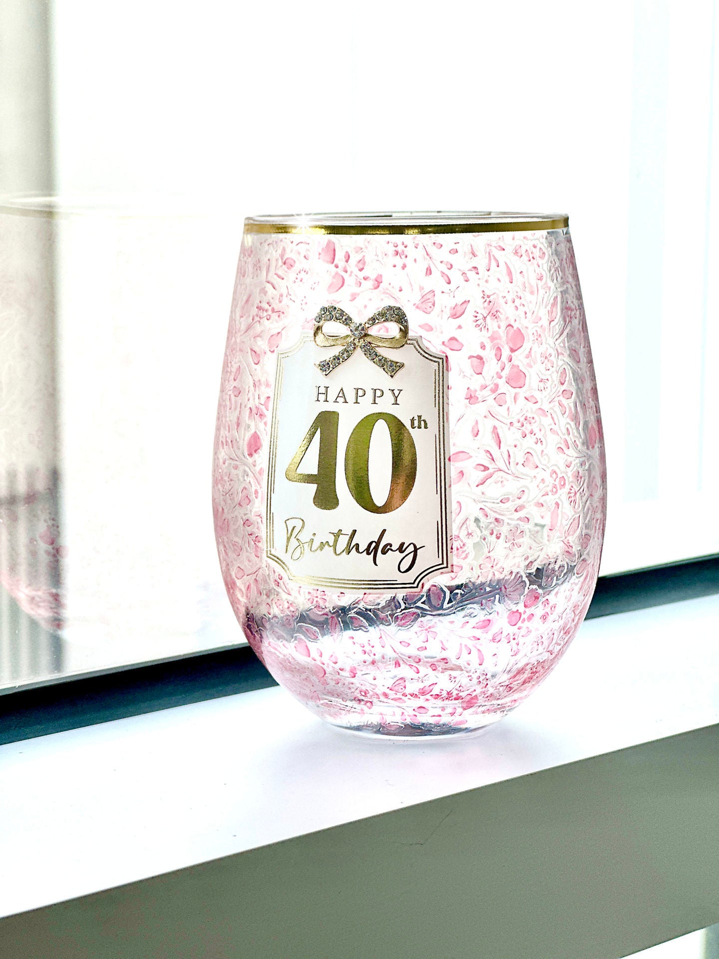 Landmark 40th Stemless Pretty Bow Wine Glass (Gift Boxed)