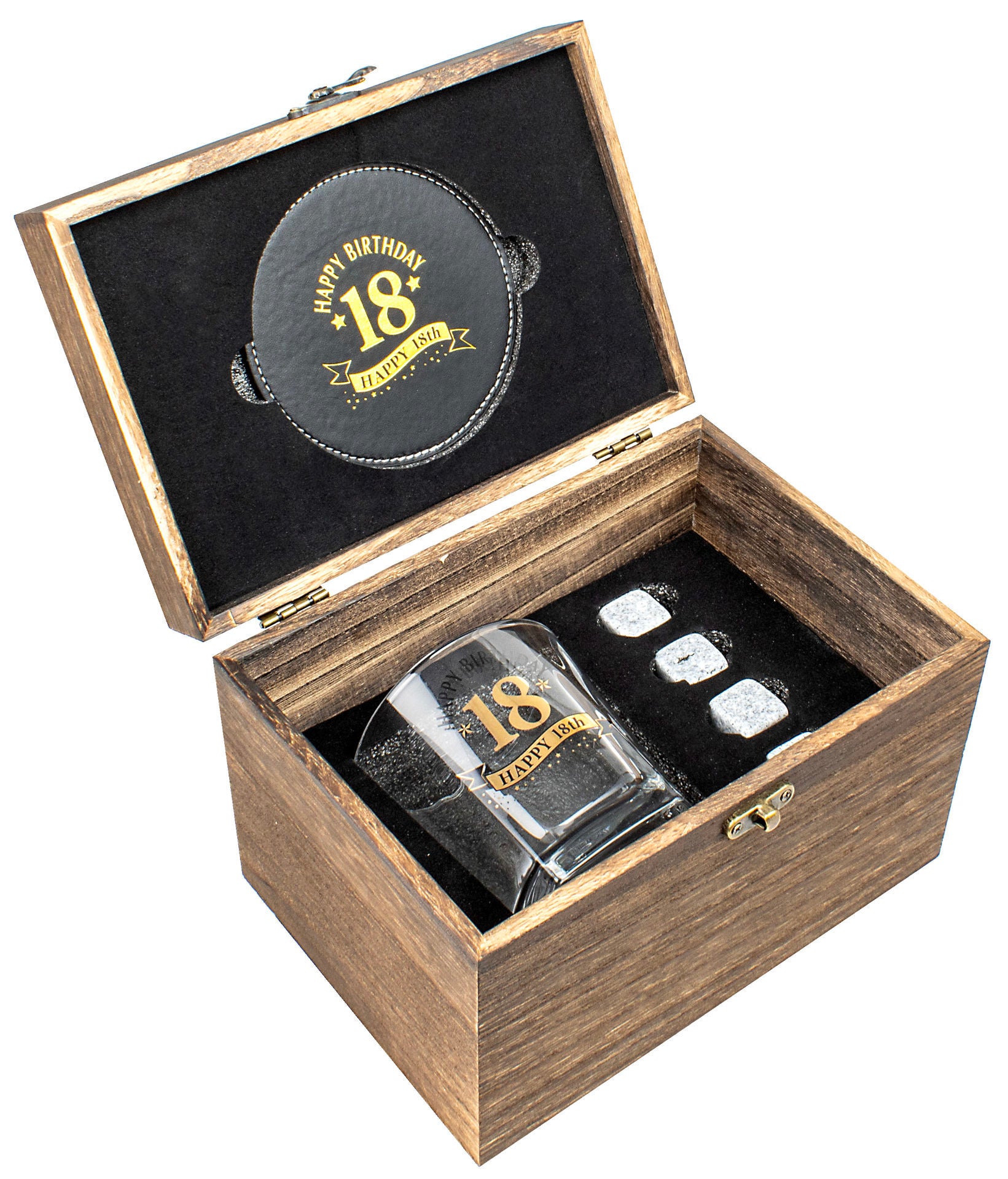 Landmark Wood Box 18th Birthday Gift Set (270ML Whisky Glass, Coaster, 4 Stones)