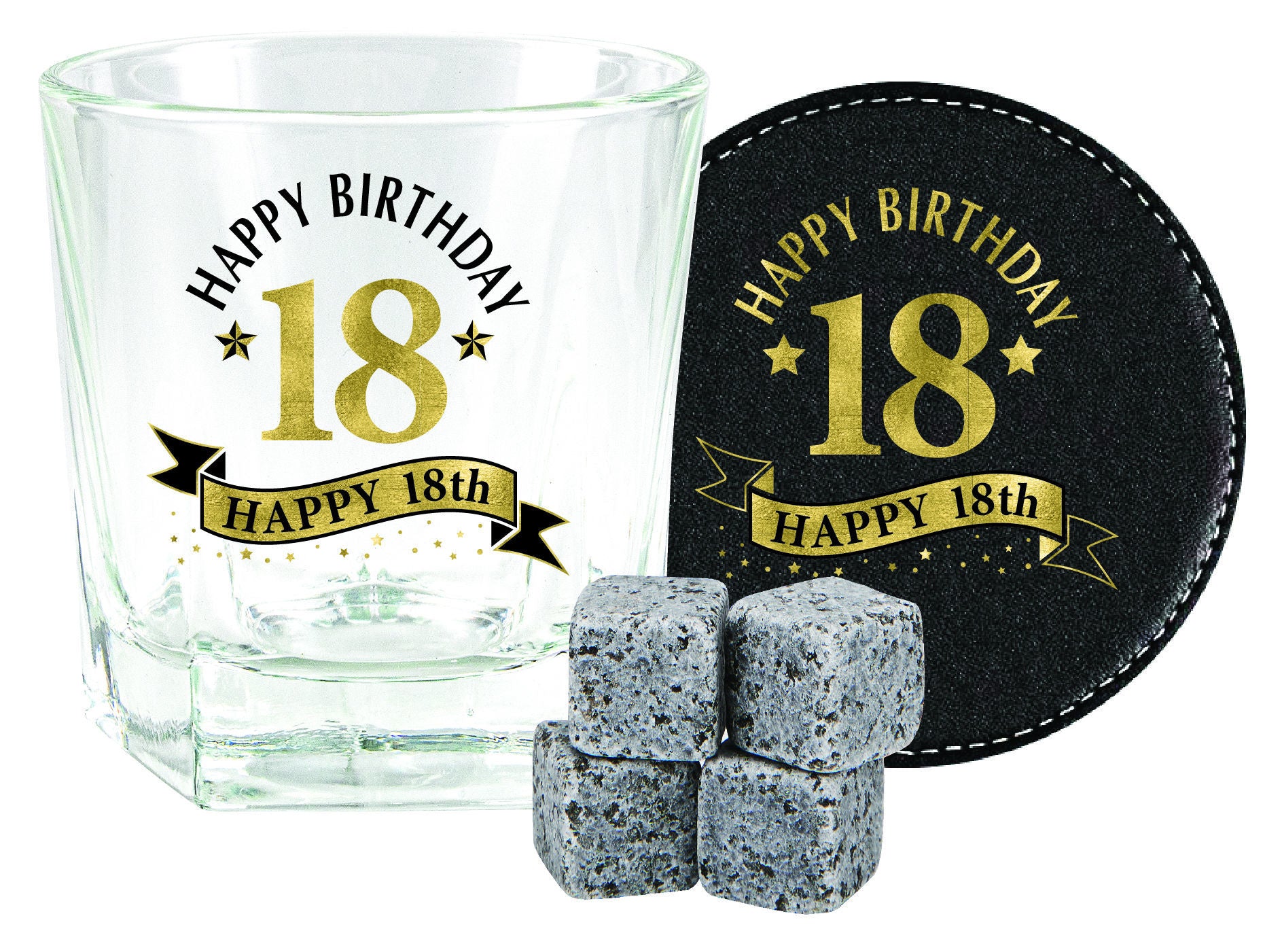 Landmark Wood Box 18th Birthday Gift Set (270ML Whisky Glass, Coaster, 4 Stones)