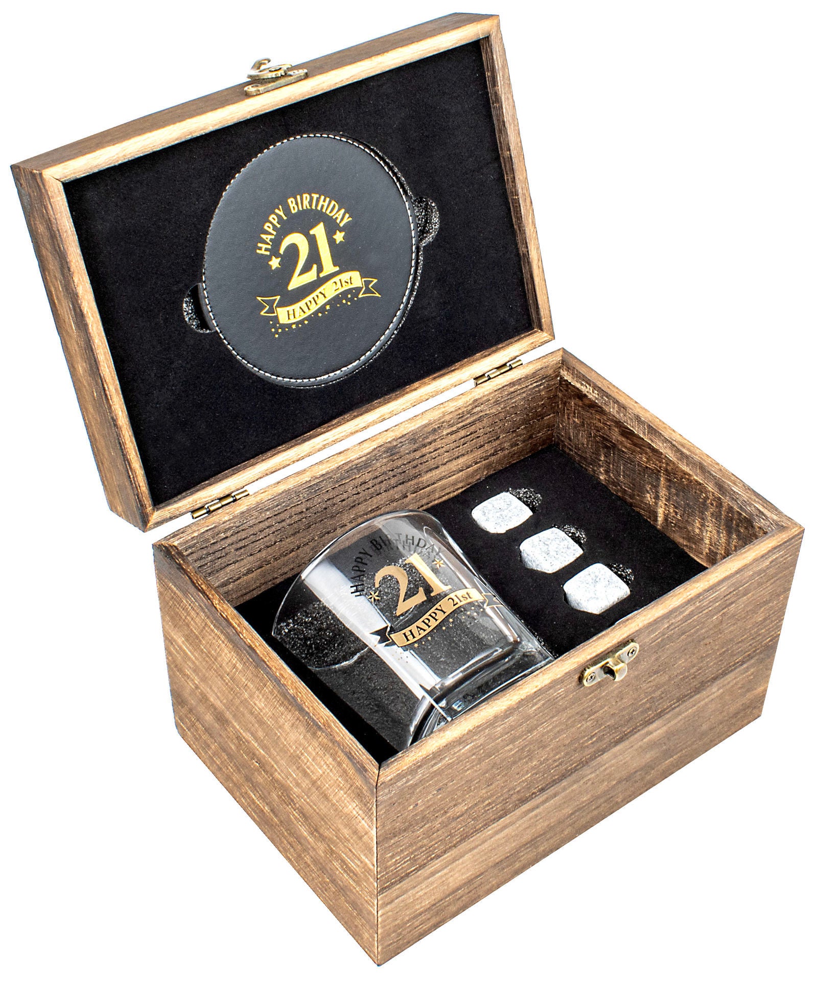 Landmark Wood Box 21st Birthday Gift Set (270ML Whisky Glass, Coaster, 4 Stones)