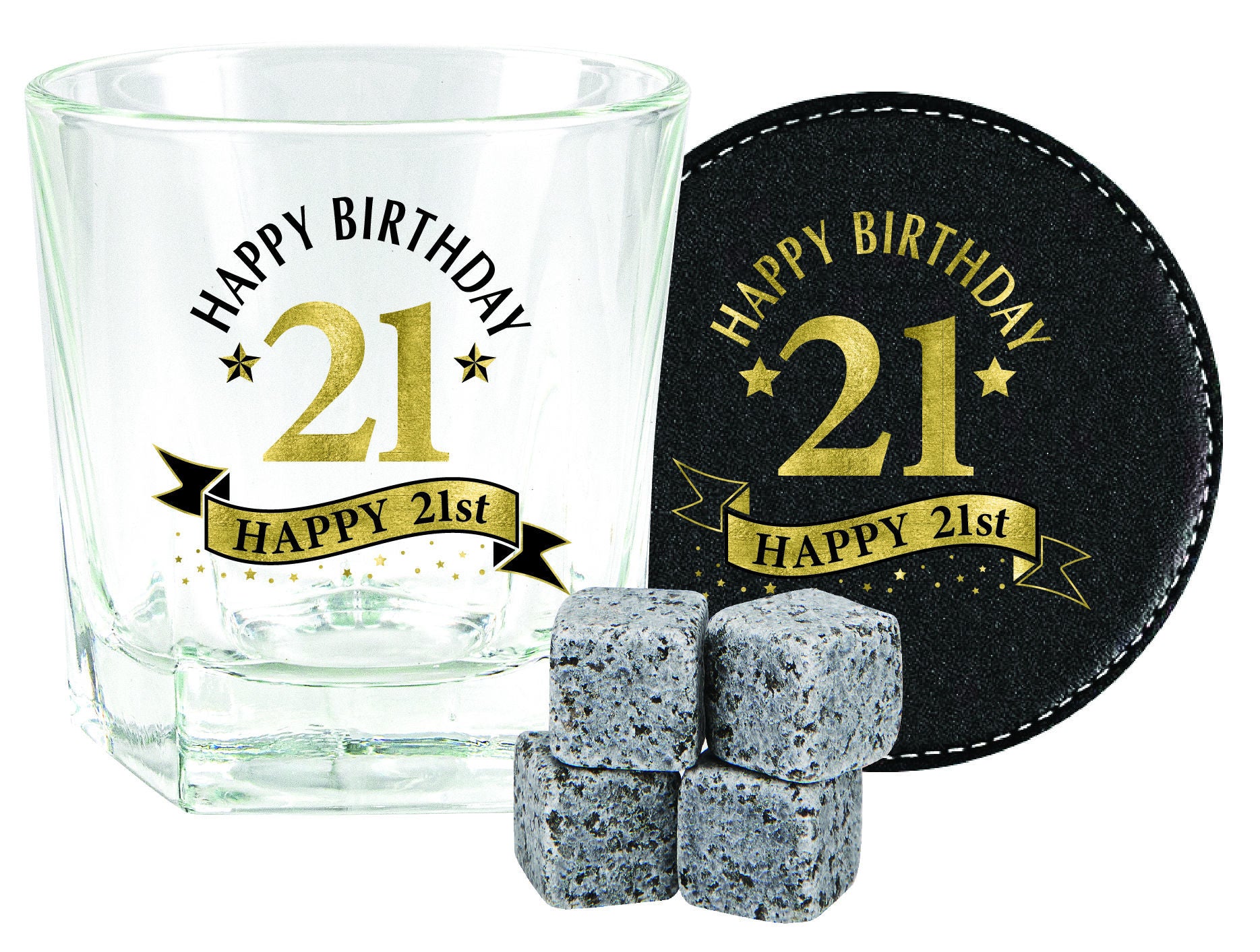 Landmark Wood Box 21st Birthday Gift Set (270ML Whisky Glass, Coaster, 4 Stones)