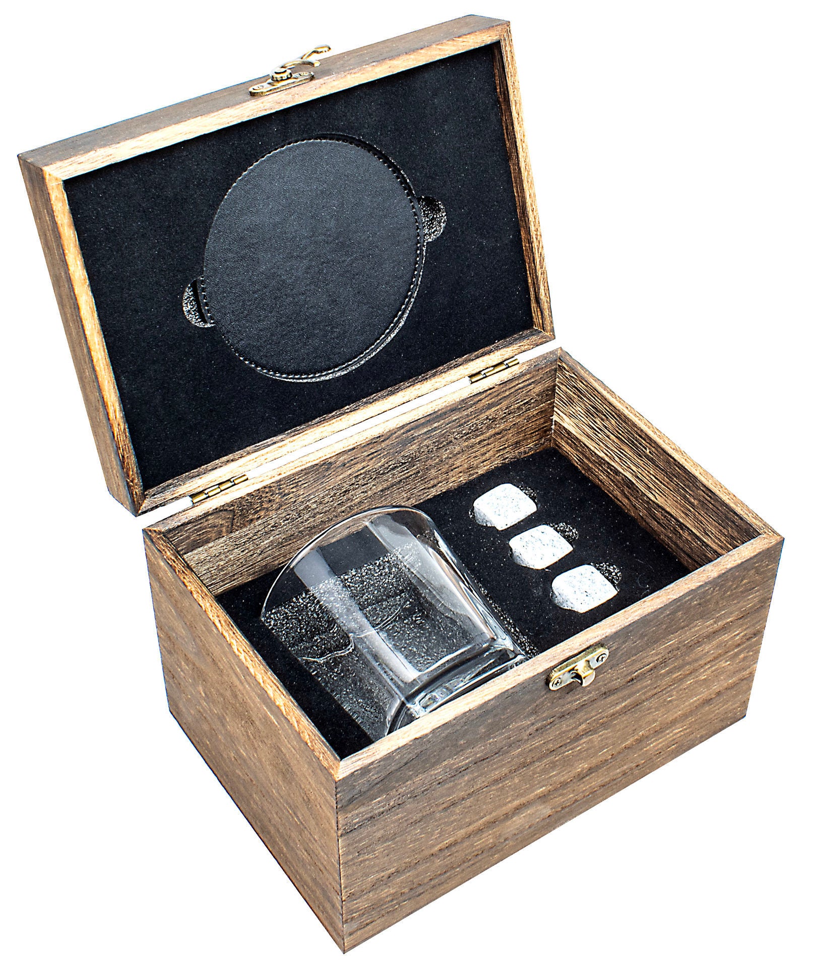 Landmark Wood Box Gift Set (270ML Whisky Glass, Coaster, 4 Stones)