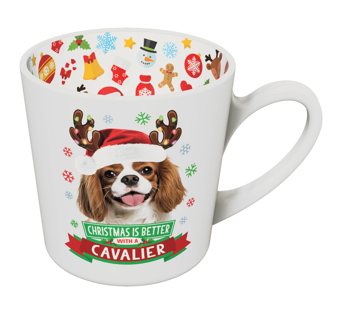 Cavalier Christmas mug with Santa hat and antlers dog design