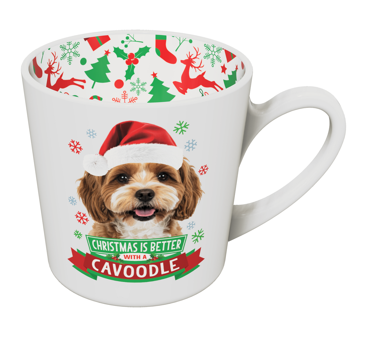 Cavoodle Christmas mug with Santa-hat dog and festive inner rim