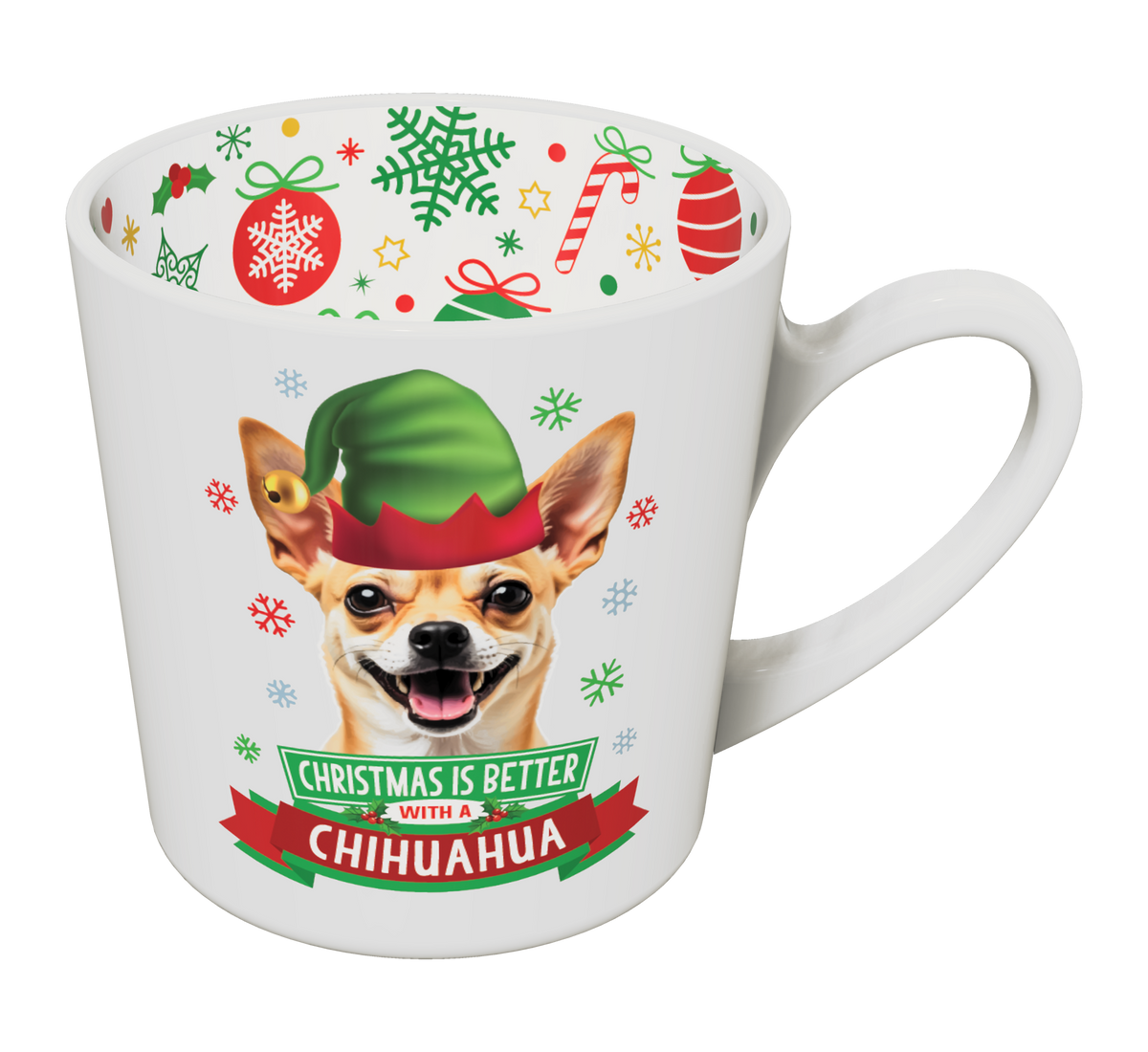 Chihuahua Christmas mug with green elf hat dog design and festive inner rim