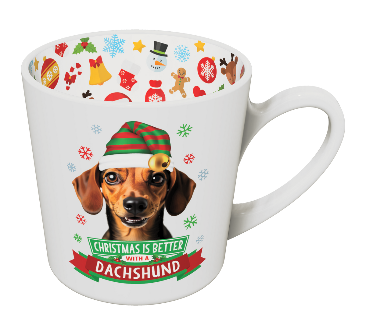 Dachshund Christmas mug with striped festive hat and colourful inner rim