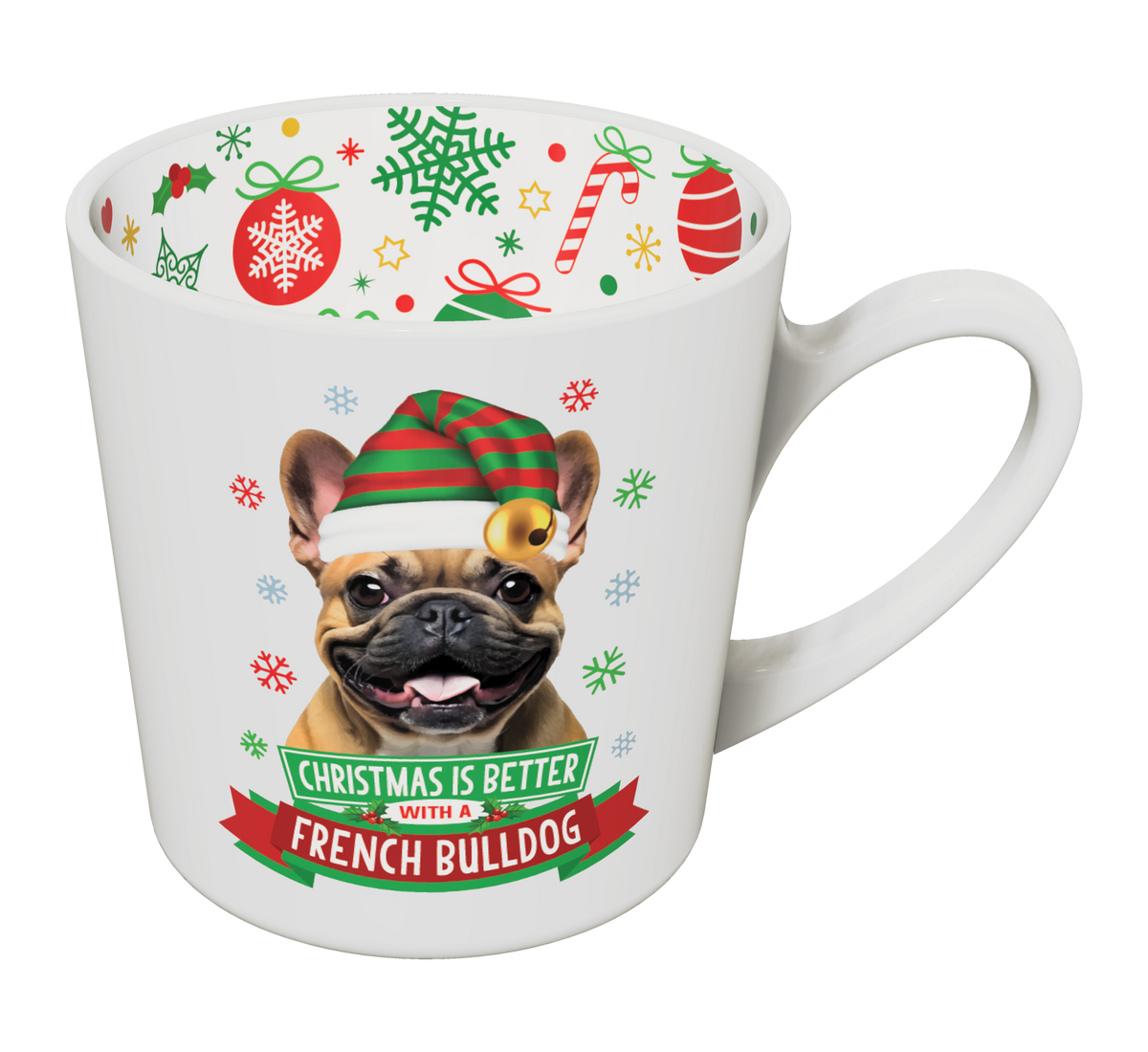 French Bulldog Christmas mug with striped festive hat and colourful inner rim