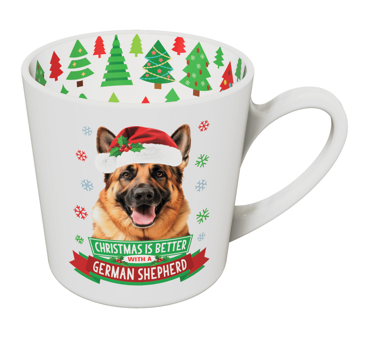 German Shepherd Christmas mug with Santa hat dog and Christmas tree inner rim