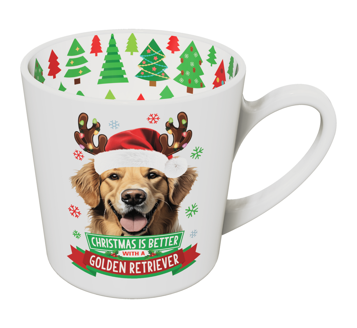 Golden Retriever Christmas mug with Santa hat and antlers dog design