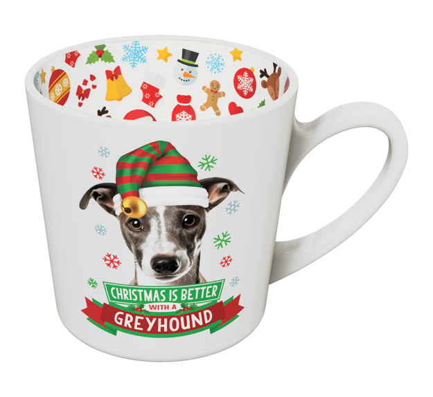 Greyhound Christmas mug with striped festive hat and colourful inner rim