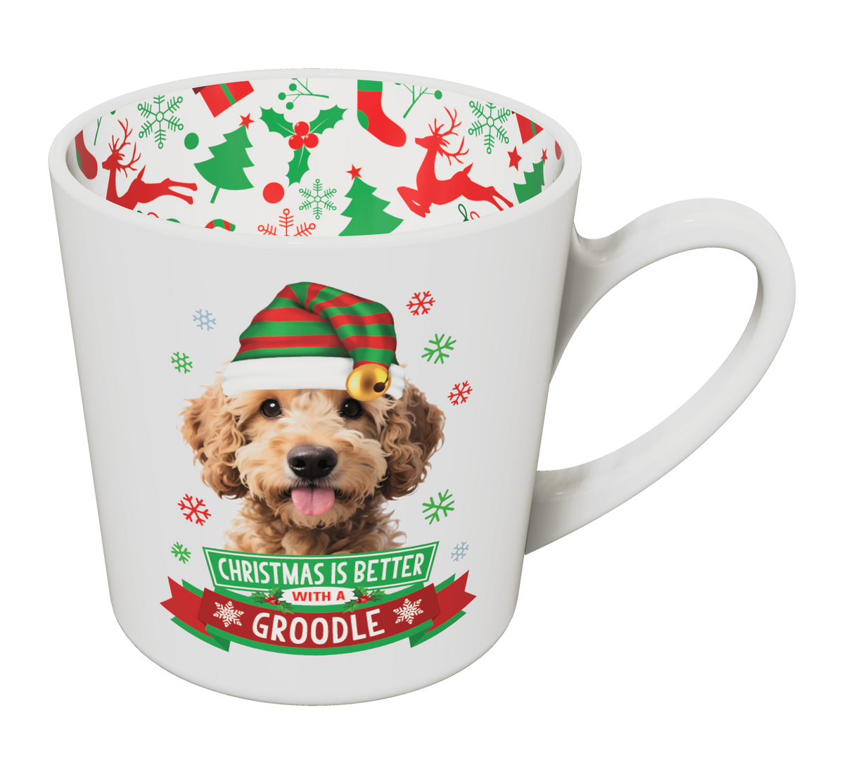 Groodle Christmas mug with striped festive hat and colourful inner rim