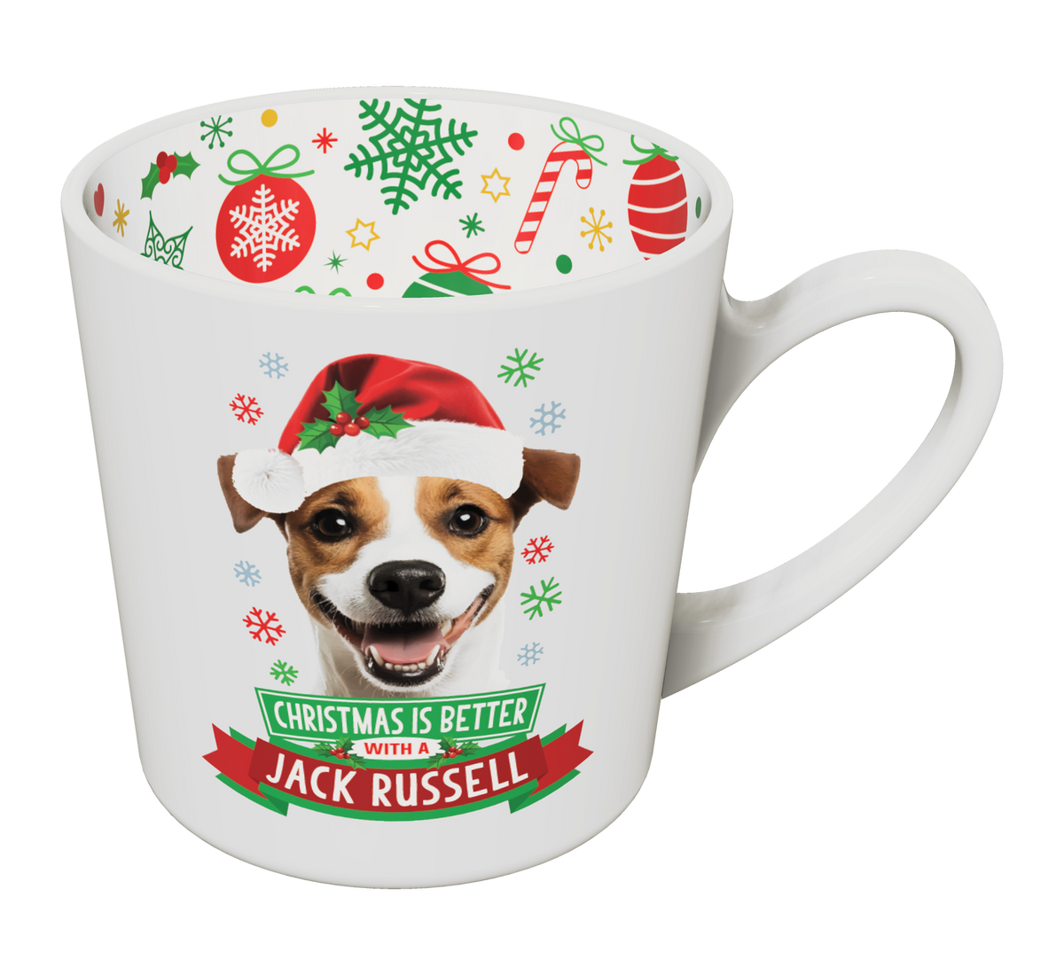 Jack Russell Christmas mug with holly-trimmed Santa hat dog design