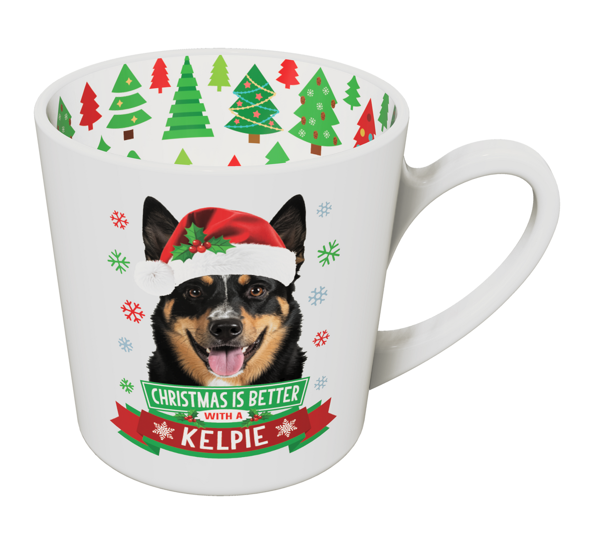 Kelpie Christmas mug with holly-trimmed Santa hat and Christmas tree inner rim