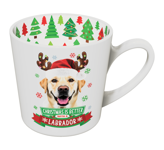 Labrador Christmas mug with Santa hat and antlers dog design