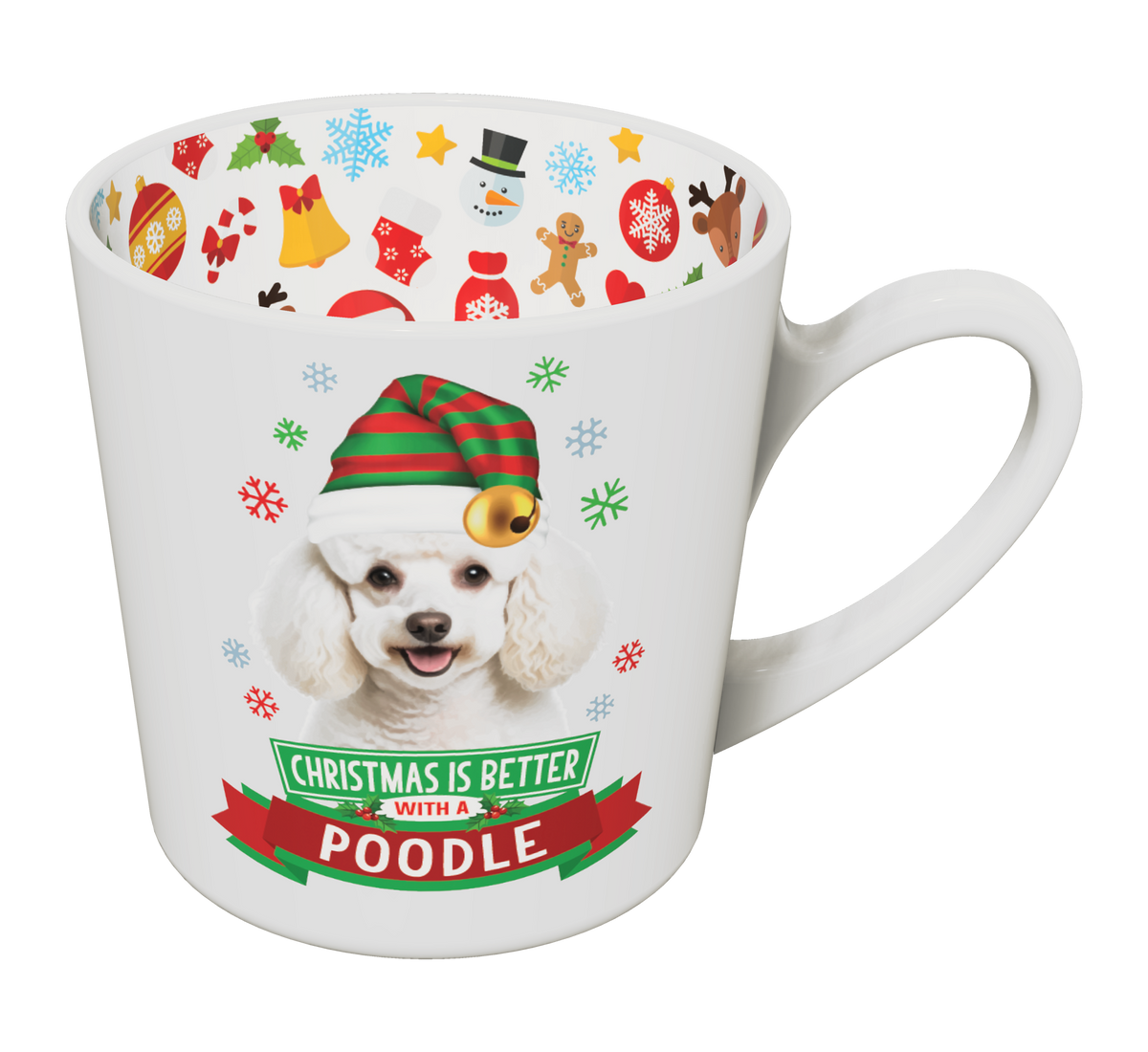 Poodle Christmas mug with striped festive hat and colourful inner rim