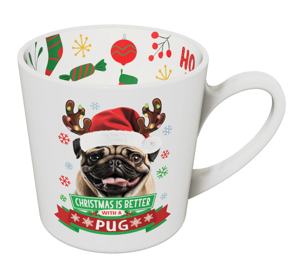 Pug Christmas mug with Santa hat and antlers dog design