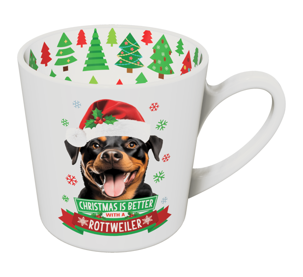 Rottweiler Christmas mug with holly-trimmed Santa hat and Christmas tree inner rim