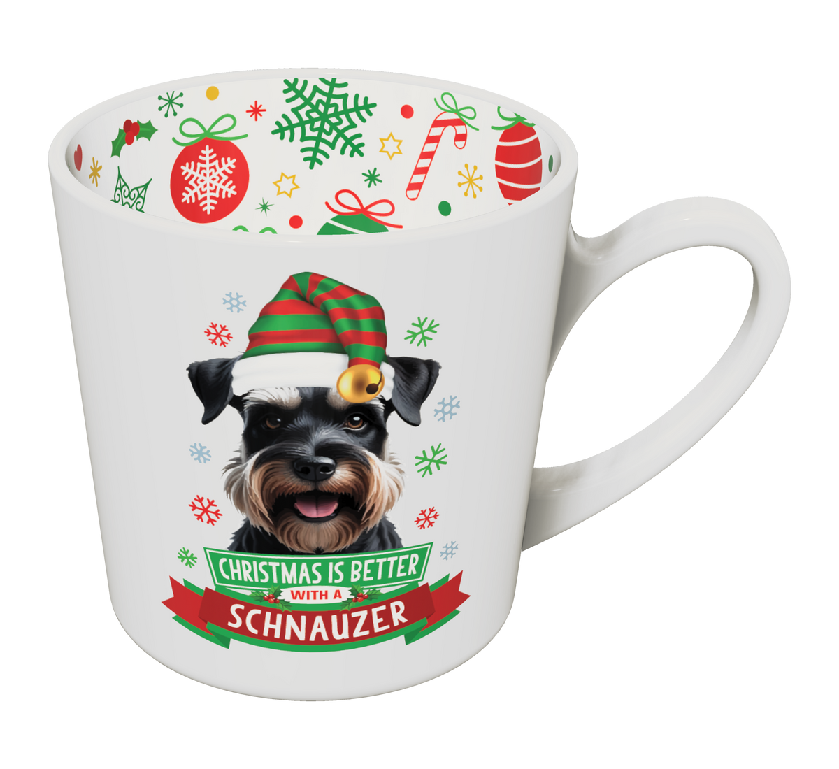 Schnauzer Christmas mug with striped festive hat and colourful inner rim