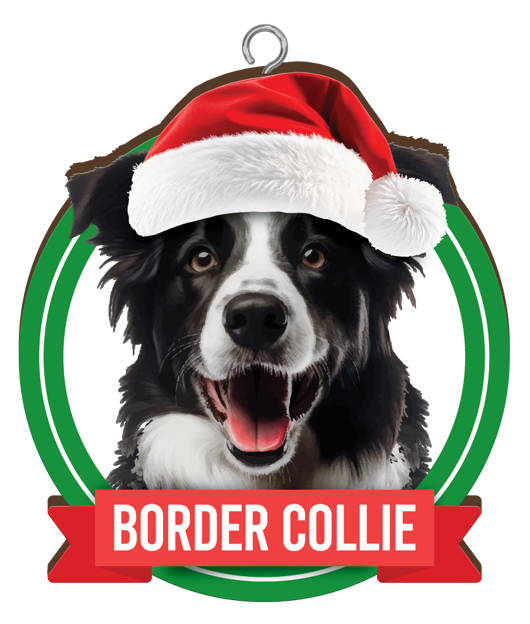 Close-up of Border Collie Christmas ornament with Santa hat and hanging loop