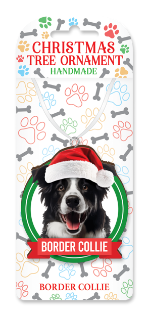 Border Collie Christmas tree ornament on decorative backing card