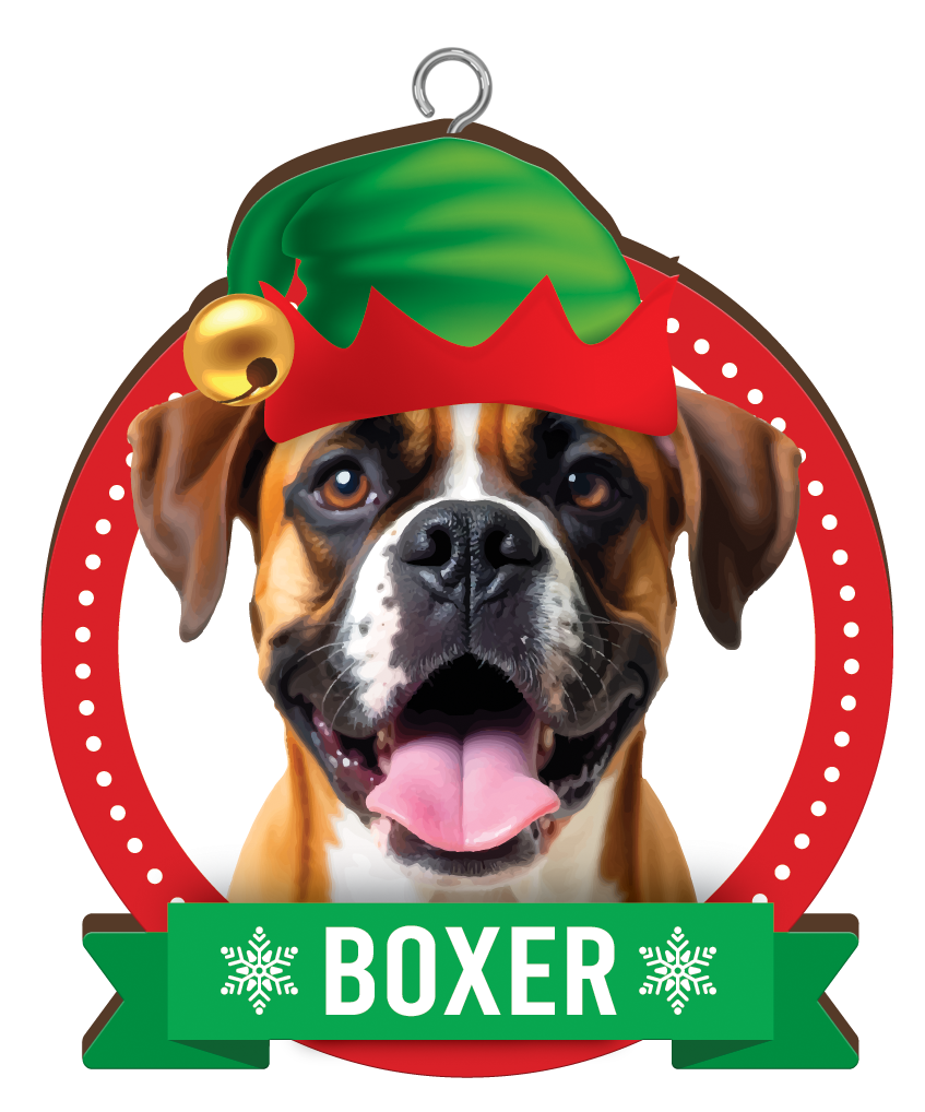 Close-up of Boxer Christmas ornament with elf hat and green name banner