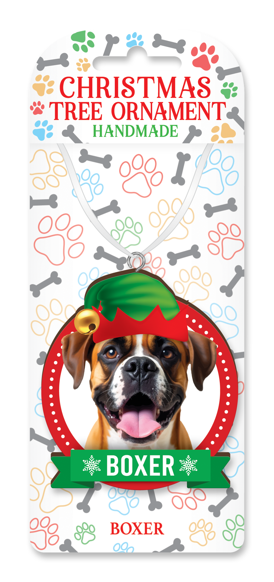 Boxer Christmas ornament on decorative backing card