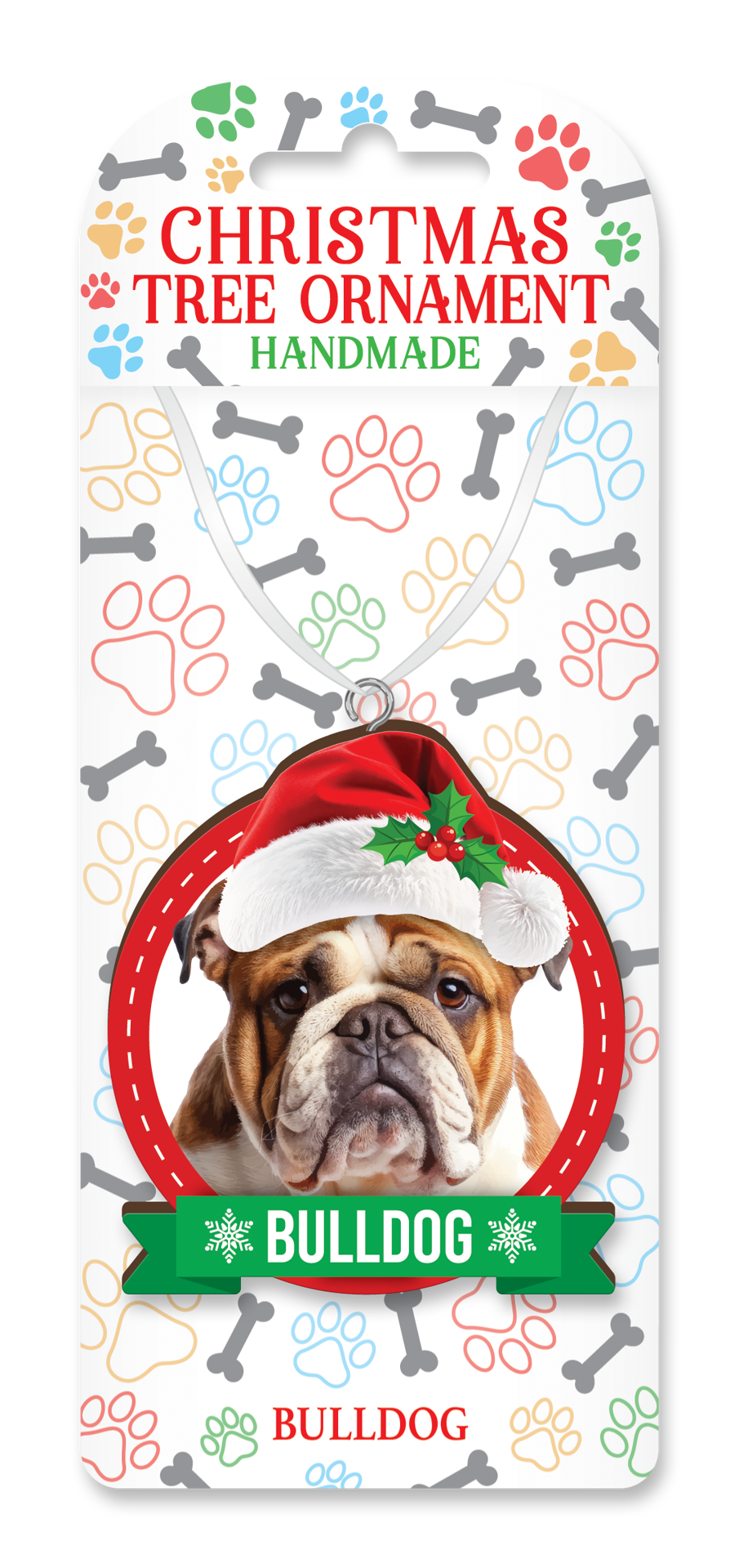 Handmade Bulldog Christmas ornament on decorative backing card