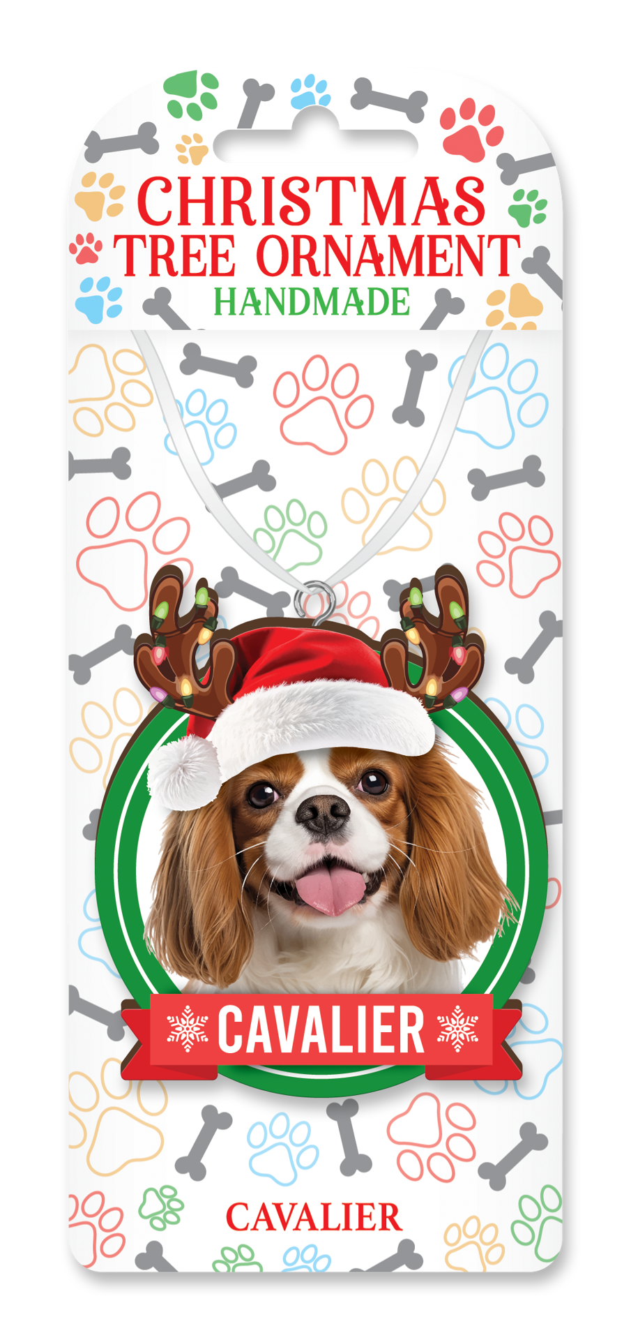 Handmade Cavalier Christmas ornament on decorative backing card