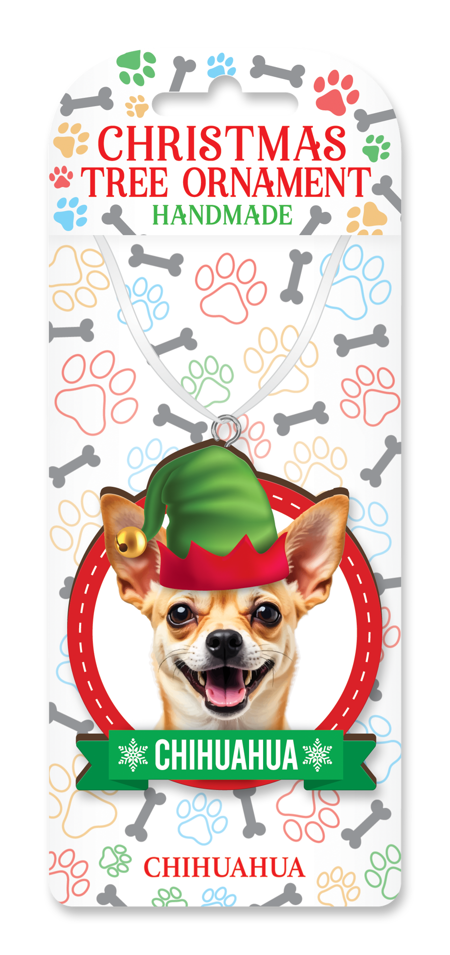 Handmade Chihuahua Christmas tree ornament on decorative backing card