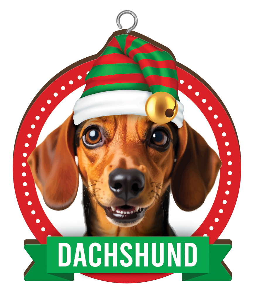 Close-up of handmade Dachshund Christmas tree ornament