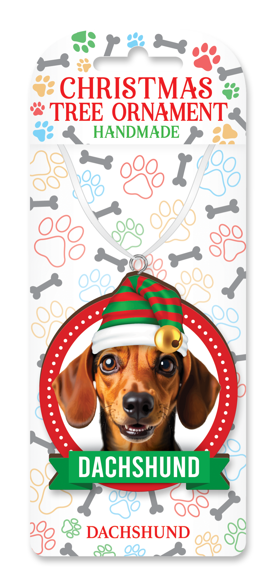Handmade Dachshund Christmas ornament on decorative backing card