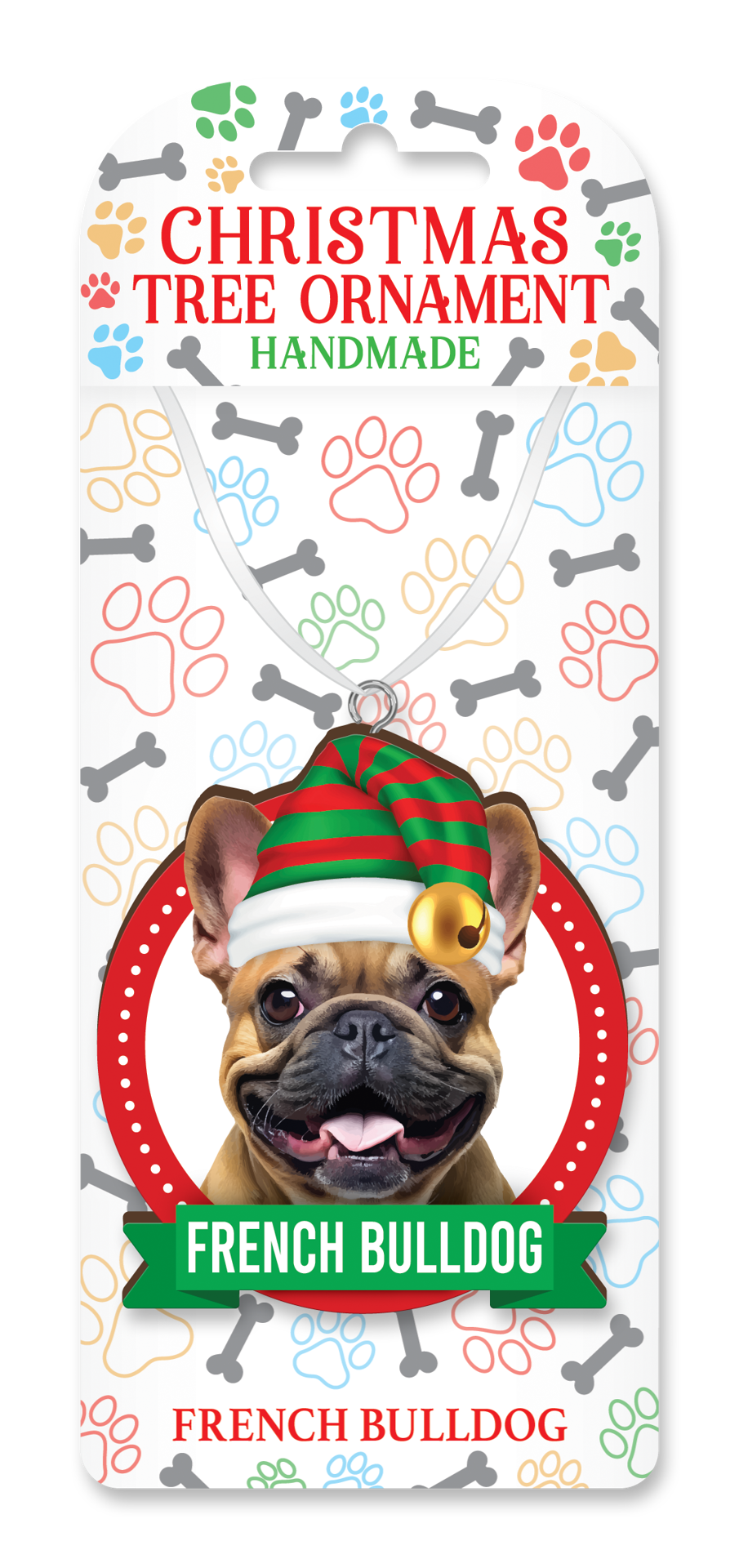 Handmade French Bulldog Christmas ornament on decorative backing card