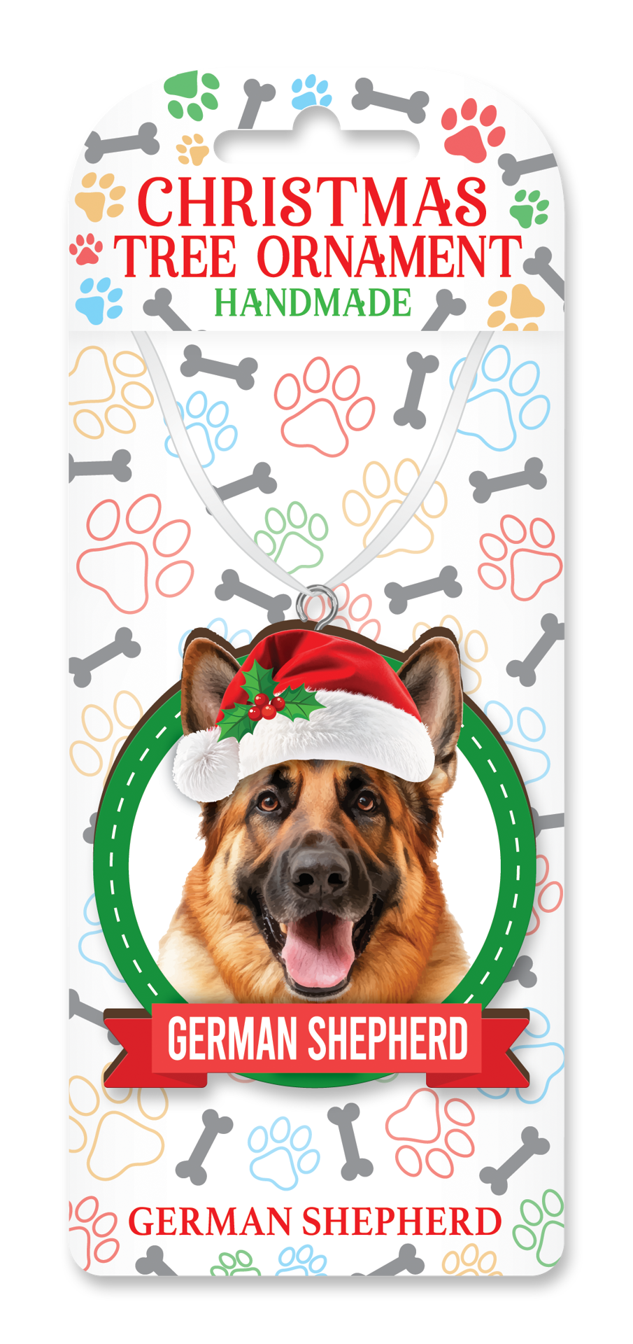 Handmade German Shepherd Christmas tree ornament on decorative backing card