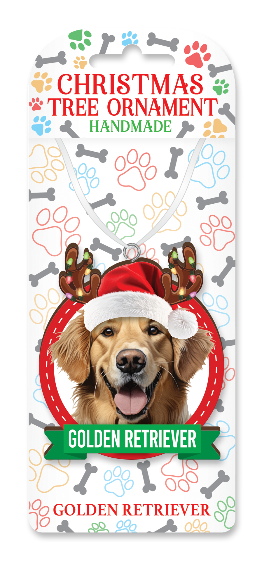 Handmade Golden Retriever Christmas tree ornament on decorative backing card