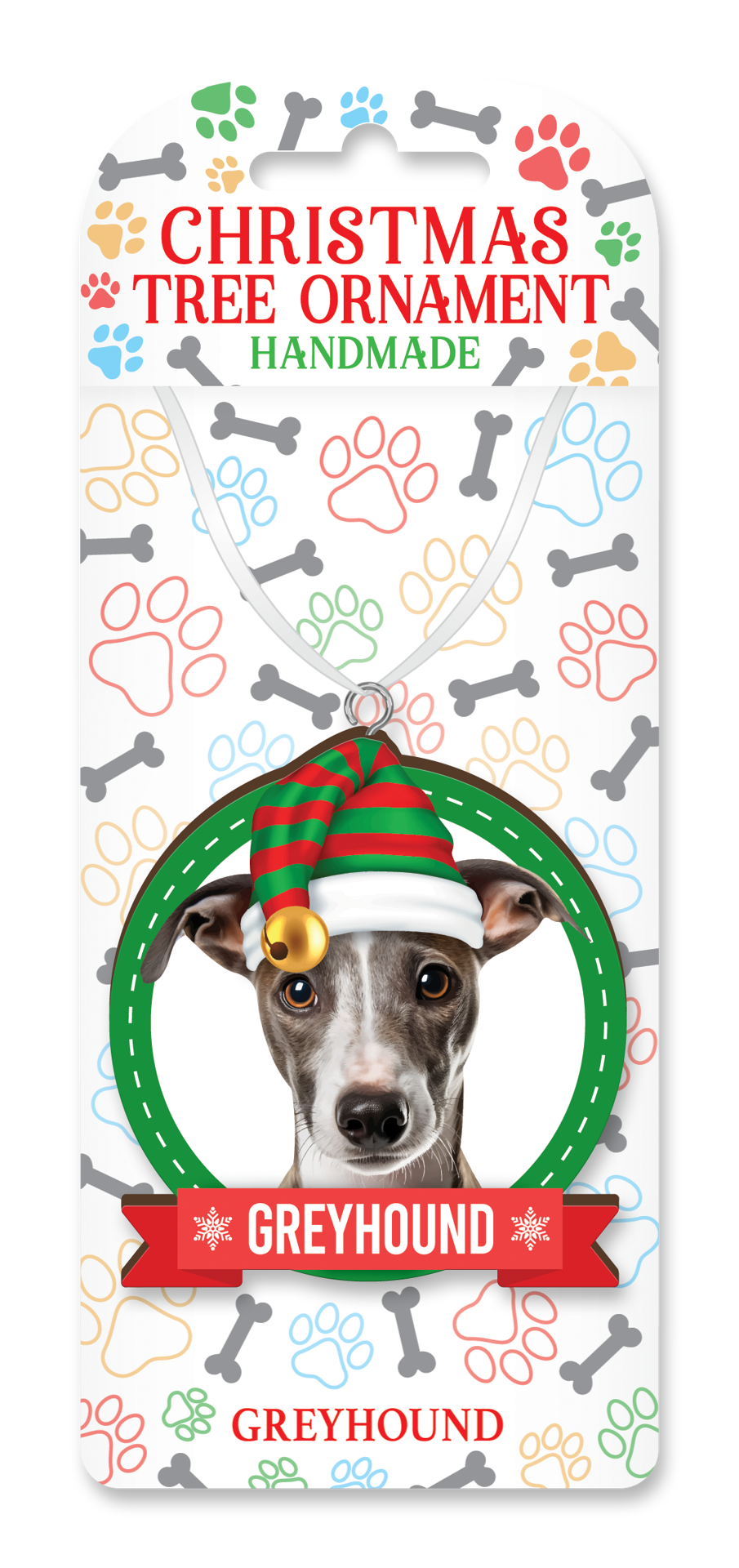Handmade Greyhound Christmas tree ornament on decorative backing card