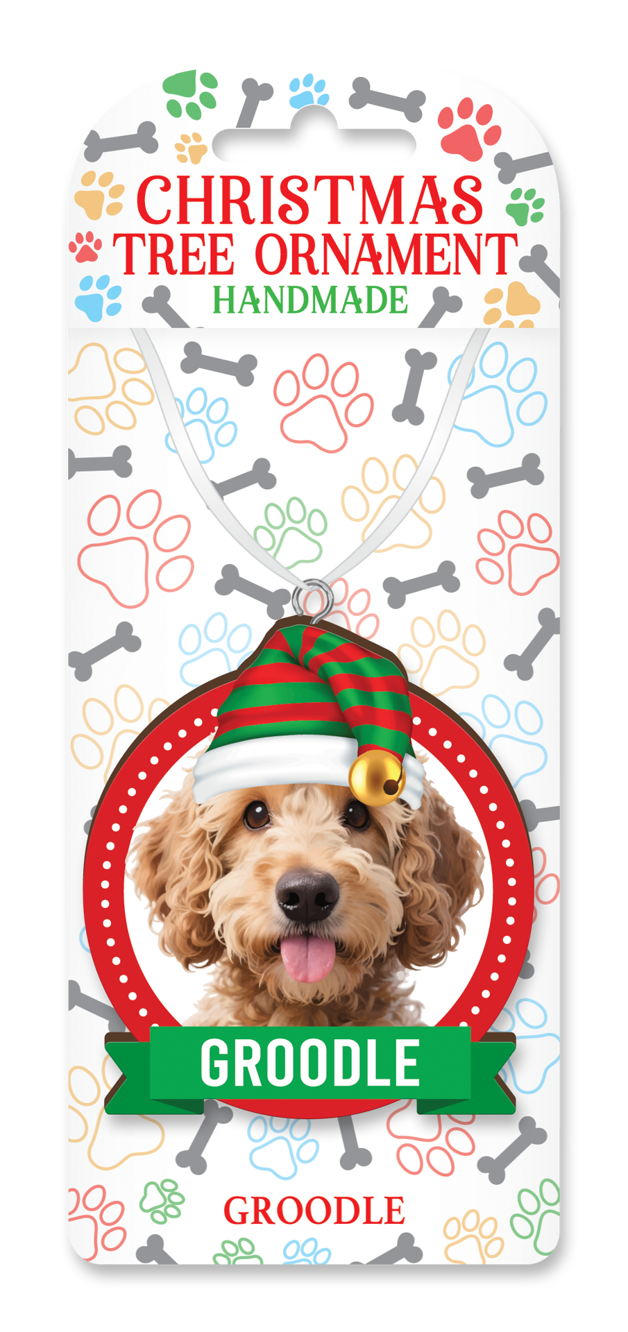 Handmade Groodle Christmas tree ornament on decorative backing card