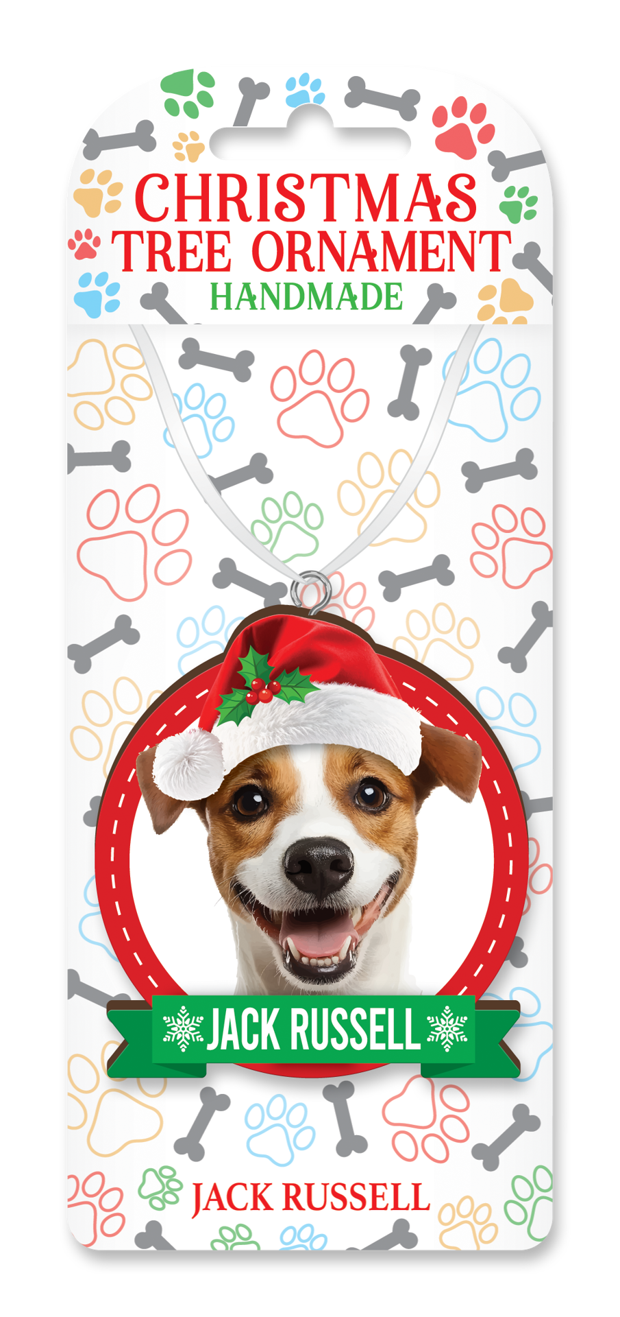 Handmade Jack Russell Christmas tree ornament on decorative backing card