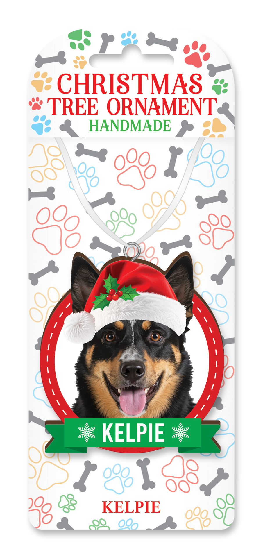 Handmade Kelpie Christmas tree ornament on decorative backing card