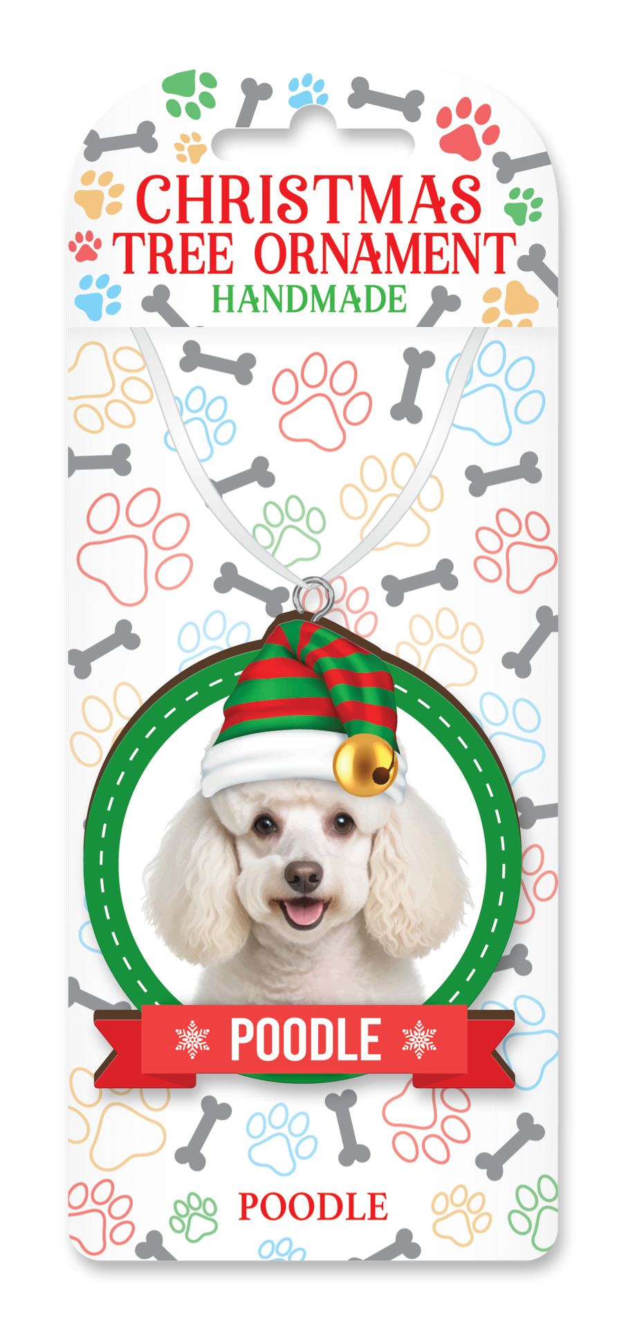 Handmade Poodle Christmas tree ornament on decorative backing card