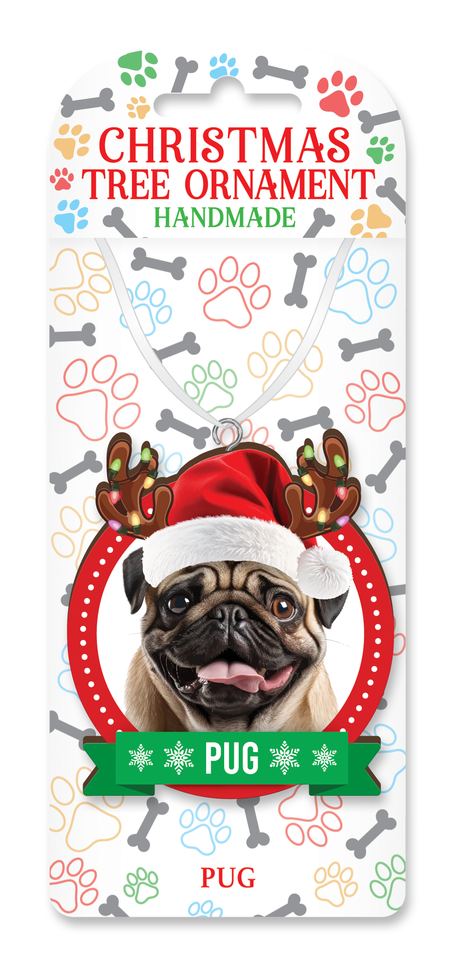Handmade Pug Christmas tree ornament on decorative backing card