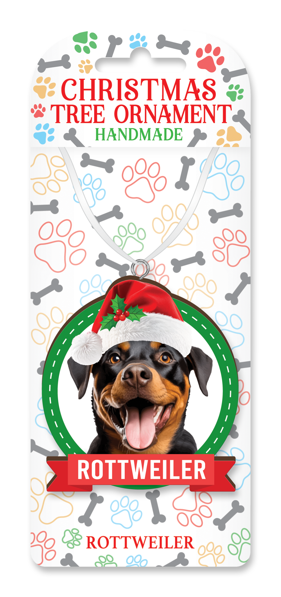 Handmade Rottweiler Christmas tree ornament on decorative backing card