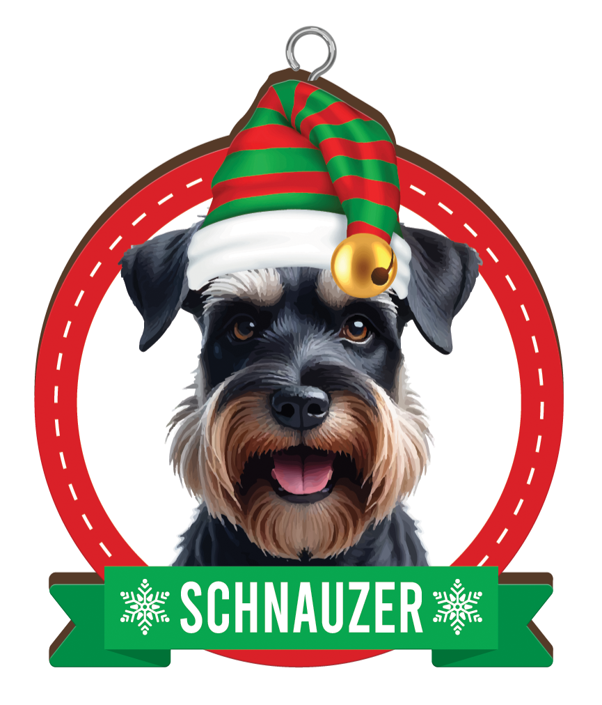 Close-up of handmade Schnauzer Christmas tree ornament