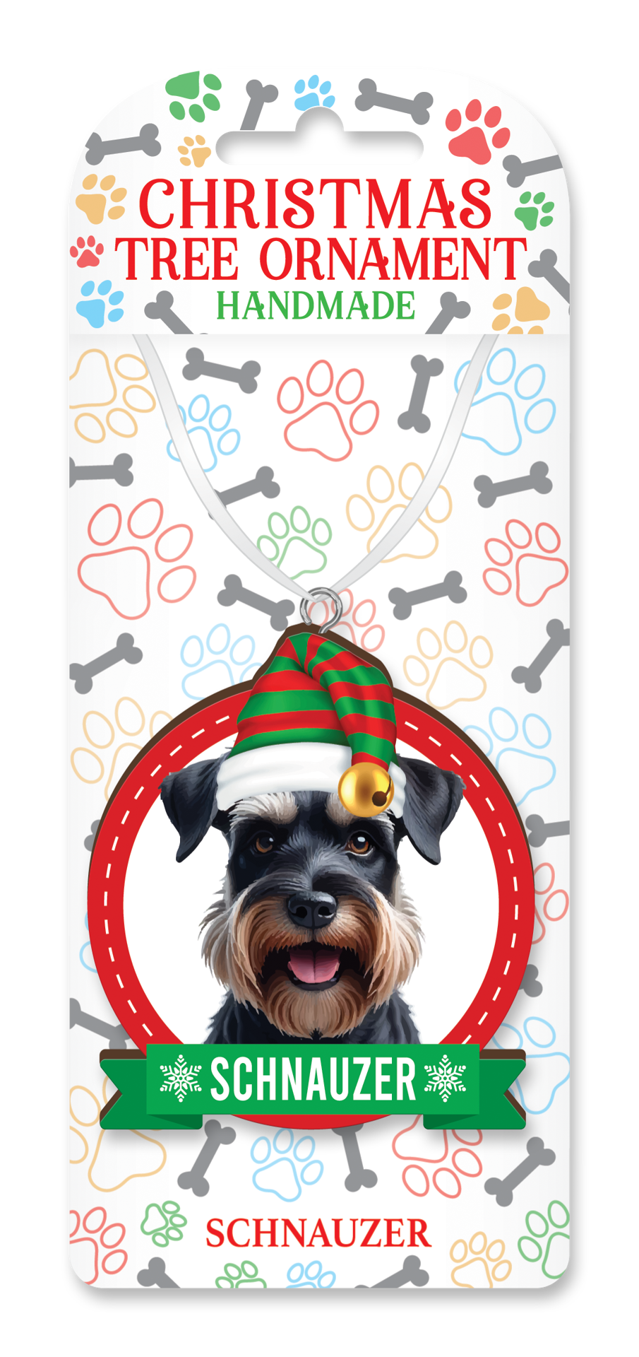 Handmade Schnauzer Christmas tree ornament on decorative backing card