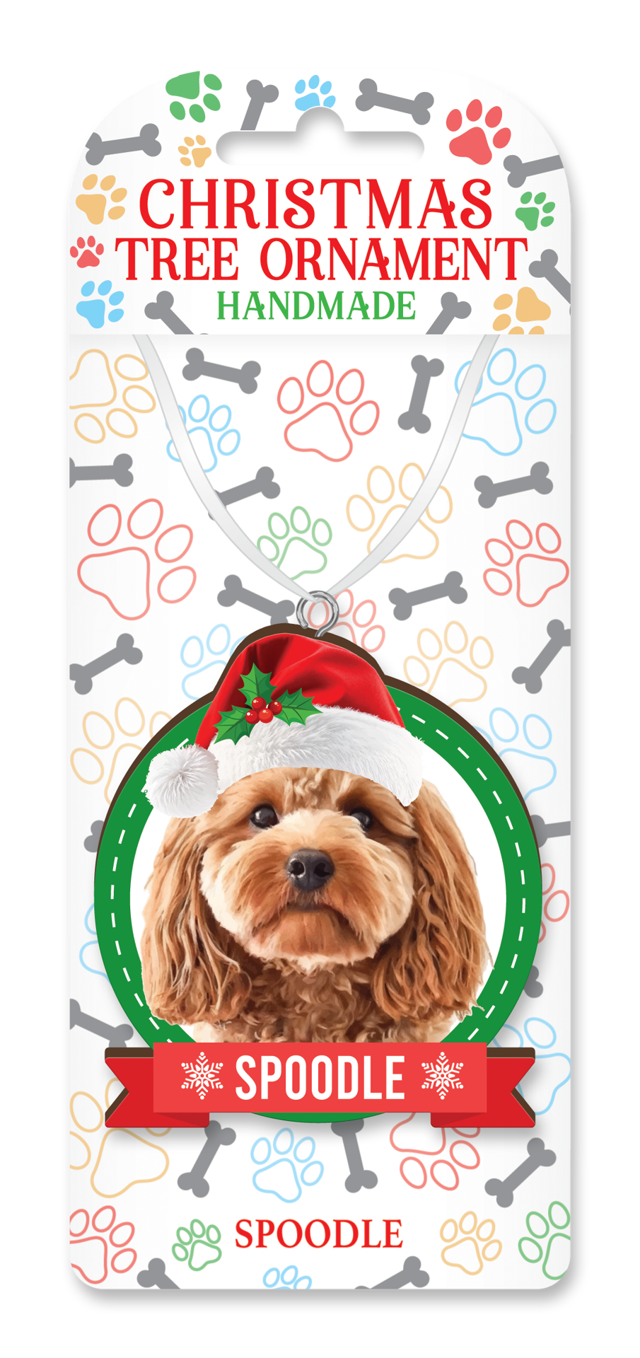 Handmade Spoodle Christmas tree ornament on decorative backing card
