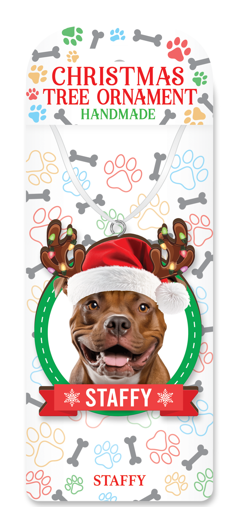Handmade Staffy Christmas tree ornament on decorative backing card
